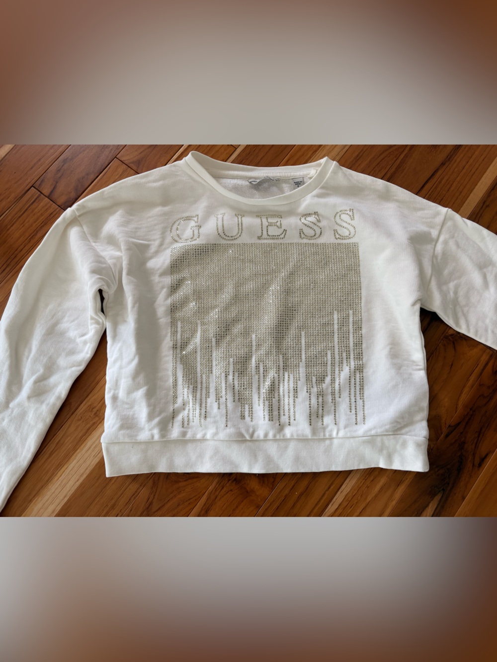 Guess White Cropped Graphic Sweatshirt with Rhinestone Front